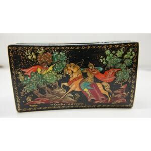 Russian Trinket Box 3" lacquer vintage with red interior Archer on horse